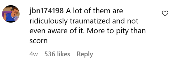 Boomer panic comment, text reads, "A lot of them are ridiculously traumatized and not even aware of it. More to pity than scorn"