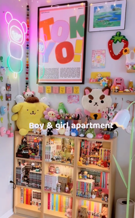 Boy girl apartment video showing a wall covered in cute plushies, art, and a bookshelf full of manga.
