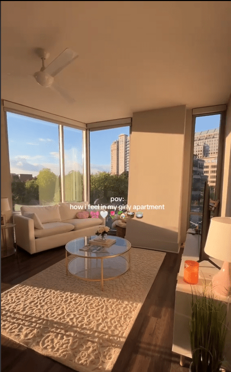TikTok video showing a living room with floor to ceiling windows and white decor.