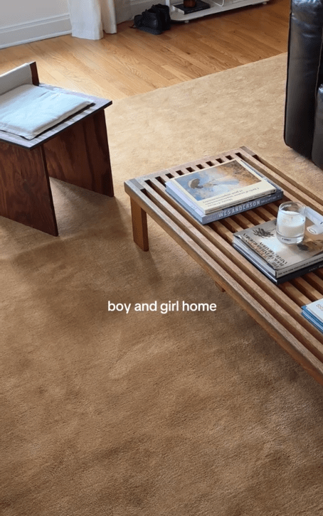 Boy girl apartment video showing a coffee table on a beige rug.