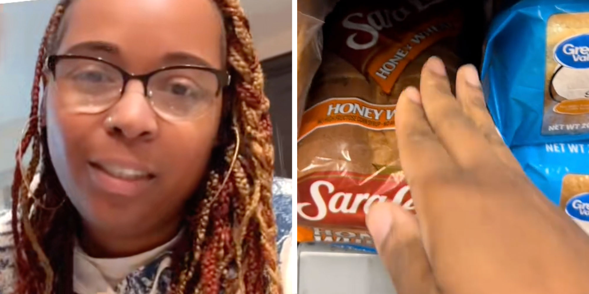 Screenshot of Tiktok user @the1vinnyc; Screenshot from @the1vinnyc's Tiktok with her hand hovering over a loaf of Sara Lee bread.