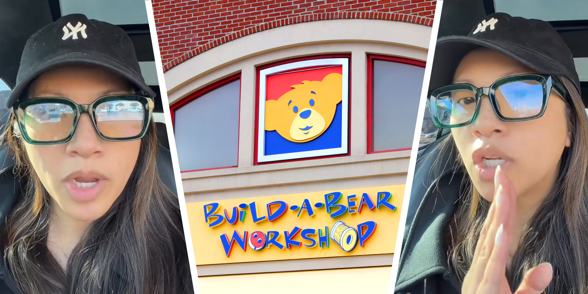 3-panel image, on the sides a person explains, in the middle is a Build a Bear Workshop store.