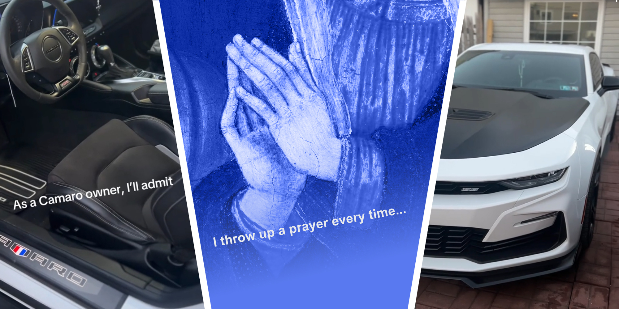 3 panel image: on the sides we see scenes from a video showing off a car. In the middle are prayer hands from a renaissance painting.