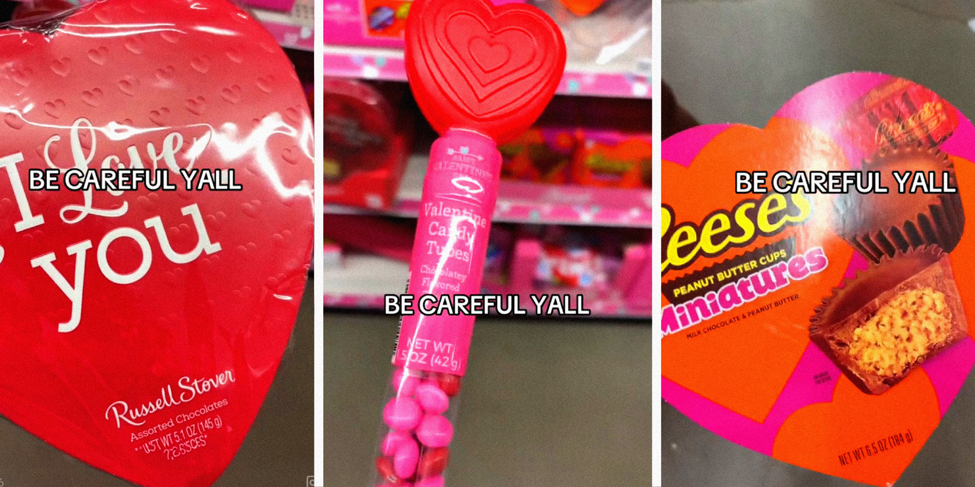 3 panel image showing various common Valentine's Day candies in a store aisle.