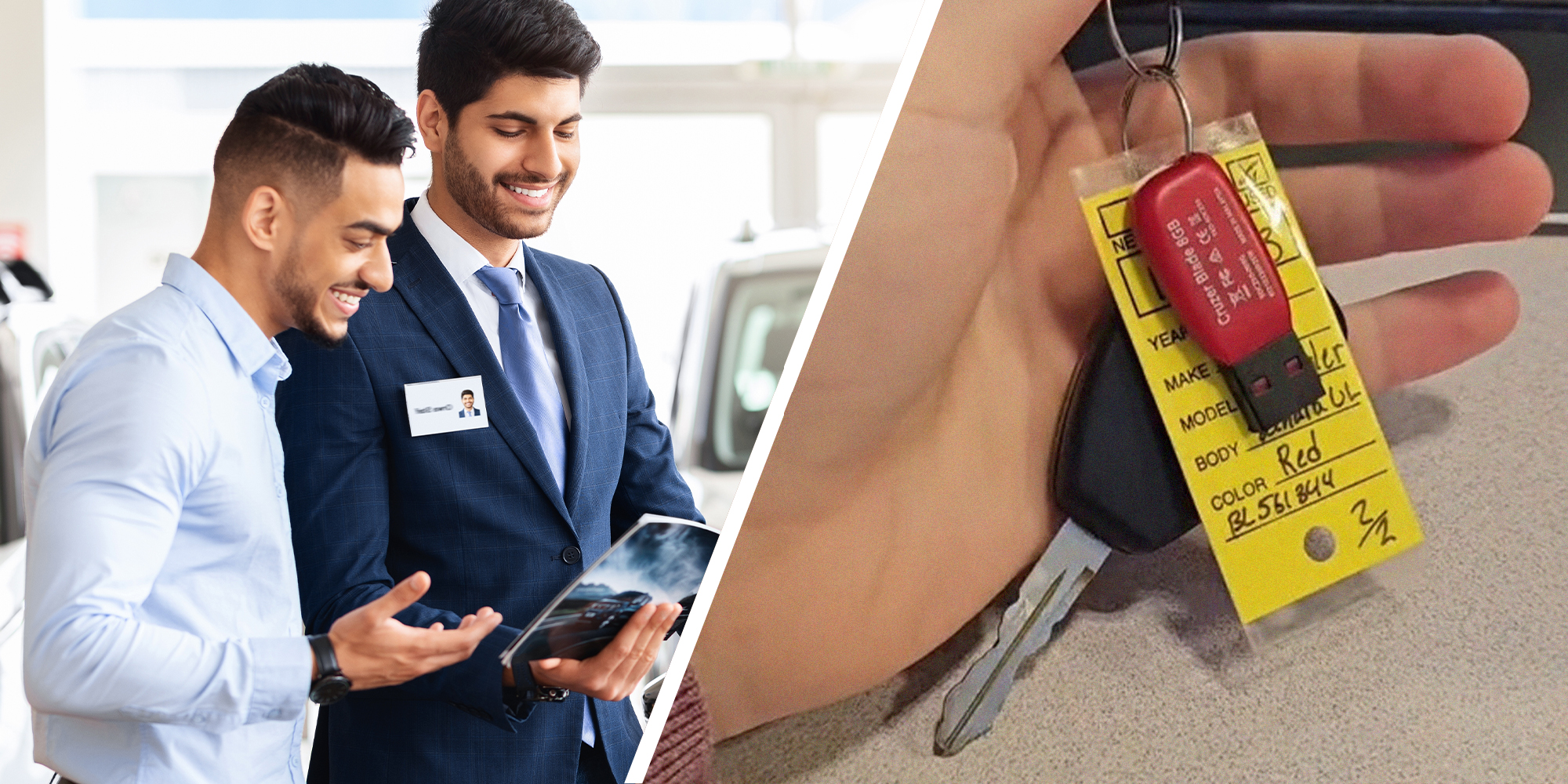 person buying car at car dealer(l) Usb on keyfob(r)
