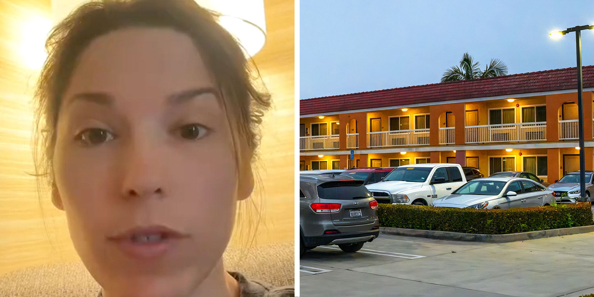 Screenshot of Tiktok user @nicholeaadan; Photo of a motel parking lot.