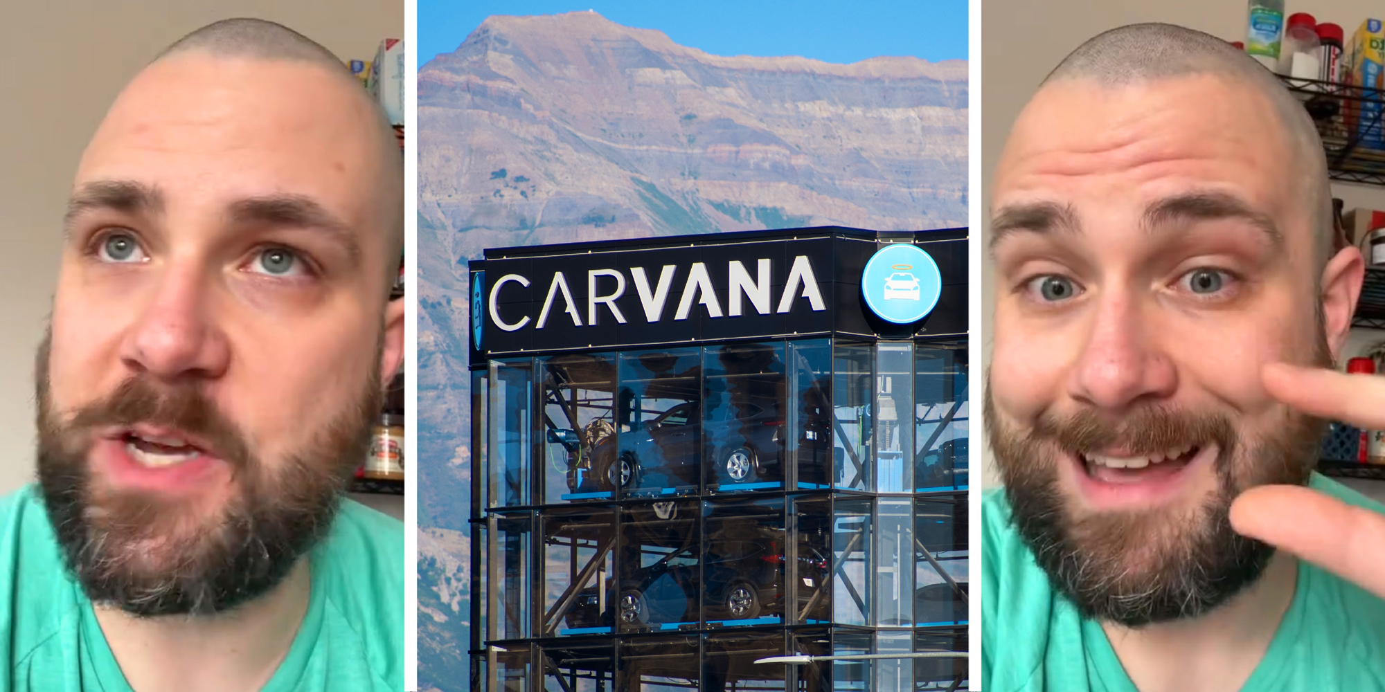 3 panel image: in the middle is a Carvana car store and on the sides a person explains.