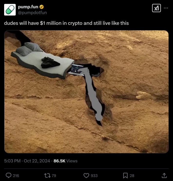 "dudes will have $1 million in crypto and still live like this" cave diver meme