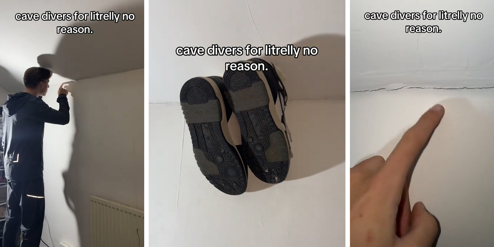 Person pointing at small crack on while(l) shoes hanged on wall(c) finder pointing at cracked wall(r)