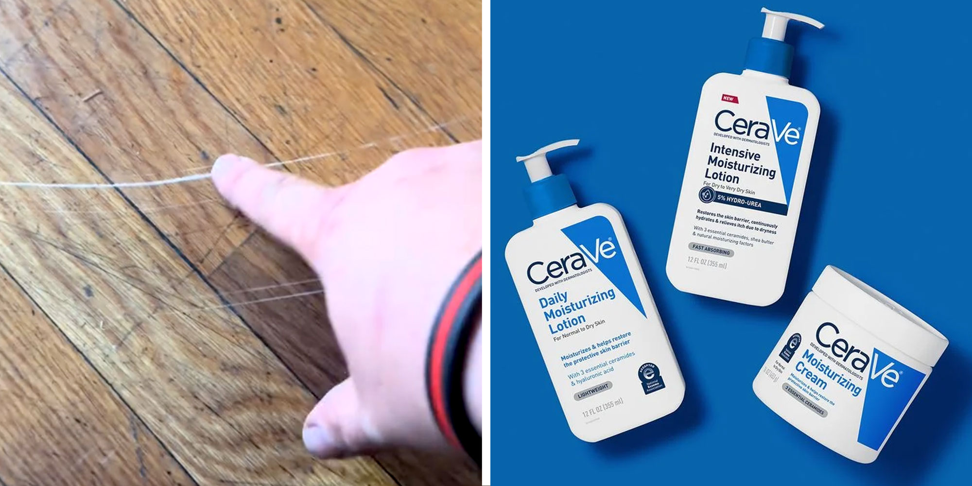 Screenshot of Tiktok user @landjworks pointing at a scuffed wood floor; Photos of CeraVe products.