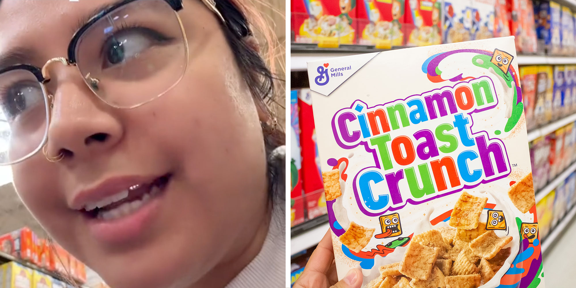 Tiktok user @maipie15 next to a photo of a box of Cinnamon Toast Crunch cereal.