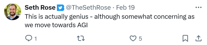 Response to ChatGPT being used as a hypnosis device. Text reads, "This is actually genius - although somewhat concerning as we move towards AGI"