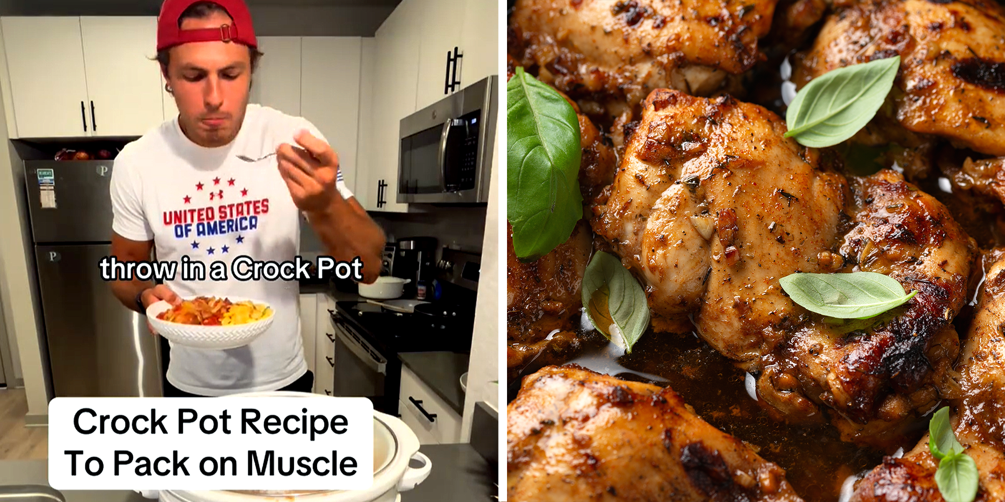 Man in hat in the kitchen making recipe in crock pot with text over that reads "throw in a Crock Pot" "Crock Pot Recipe To Pack on Muscle" on left. Spiced chicken with basil leaves on right.