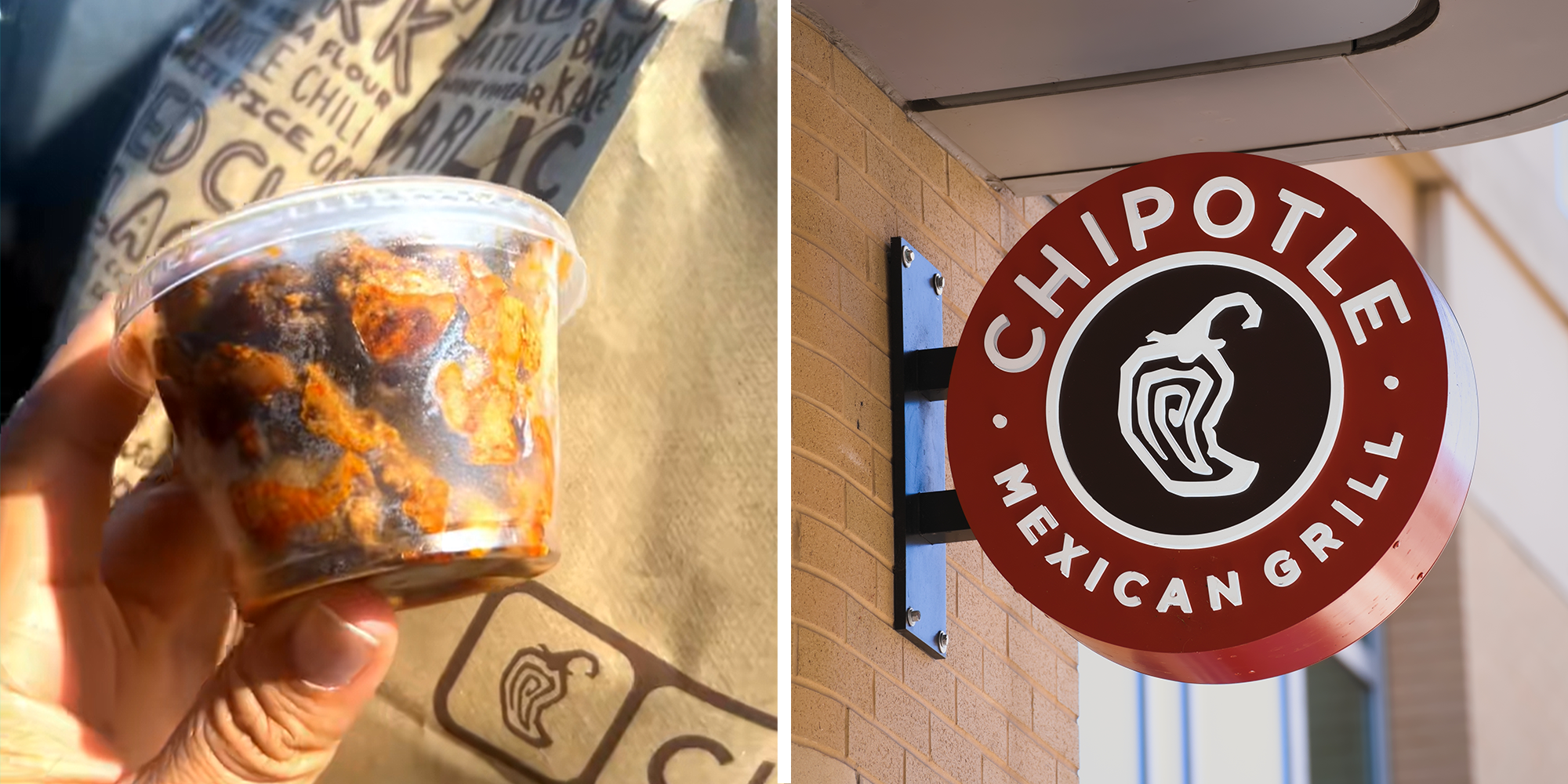 Chipotle chicken in to-go container on left. Chipotle logo in signage on store on right.