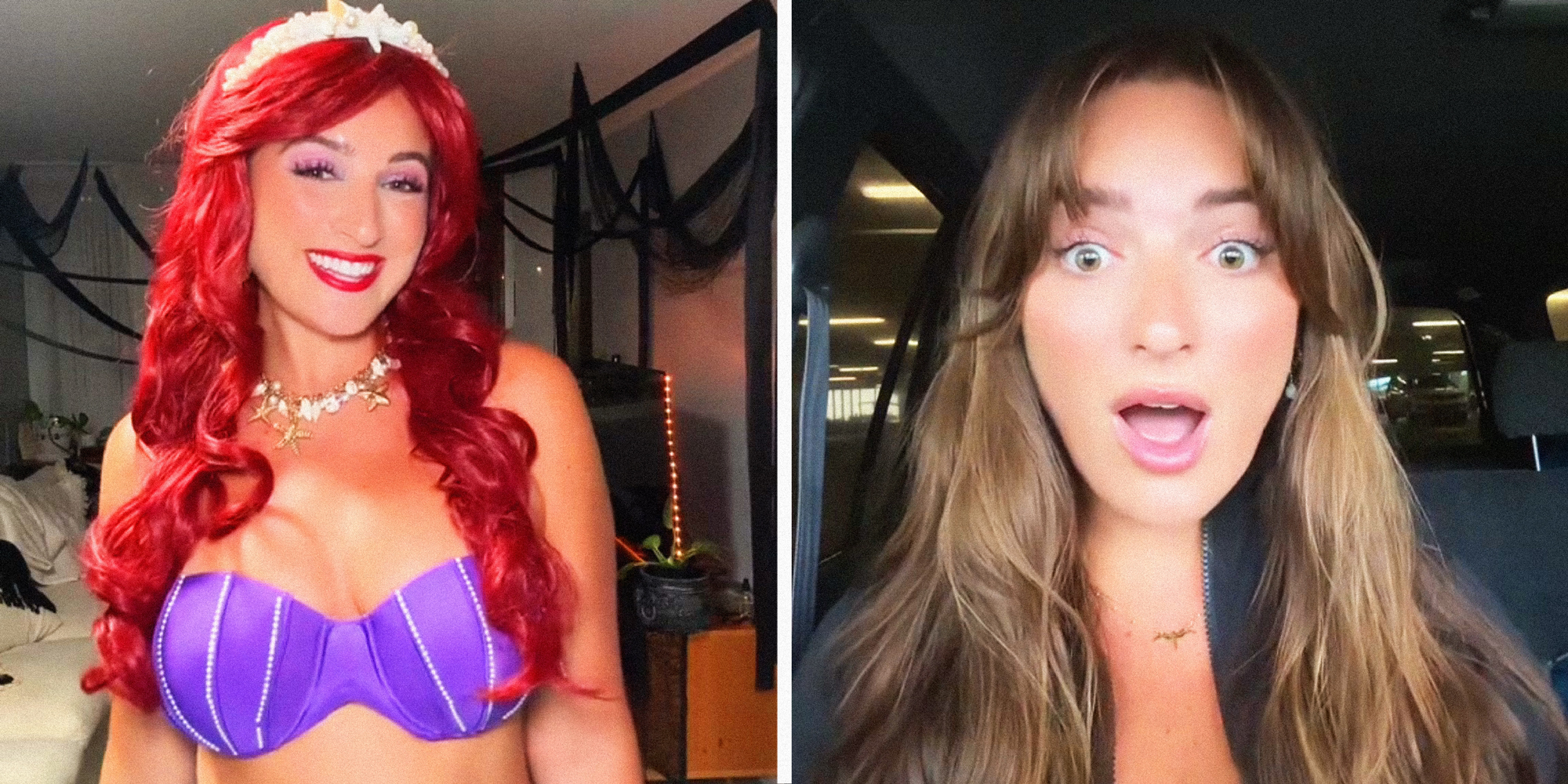 2 panel image: on the left a person dressed like Disney's Little Mermaid and on the right the same person looking shocked.