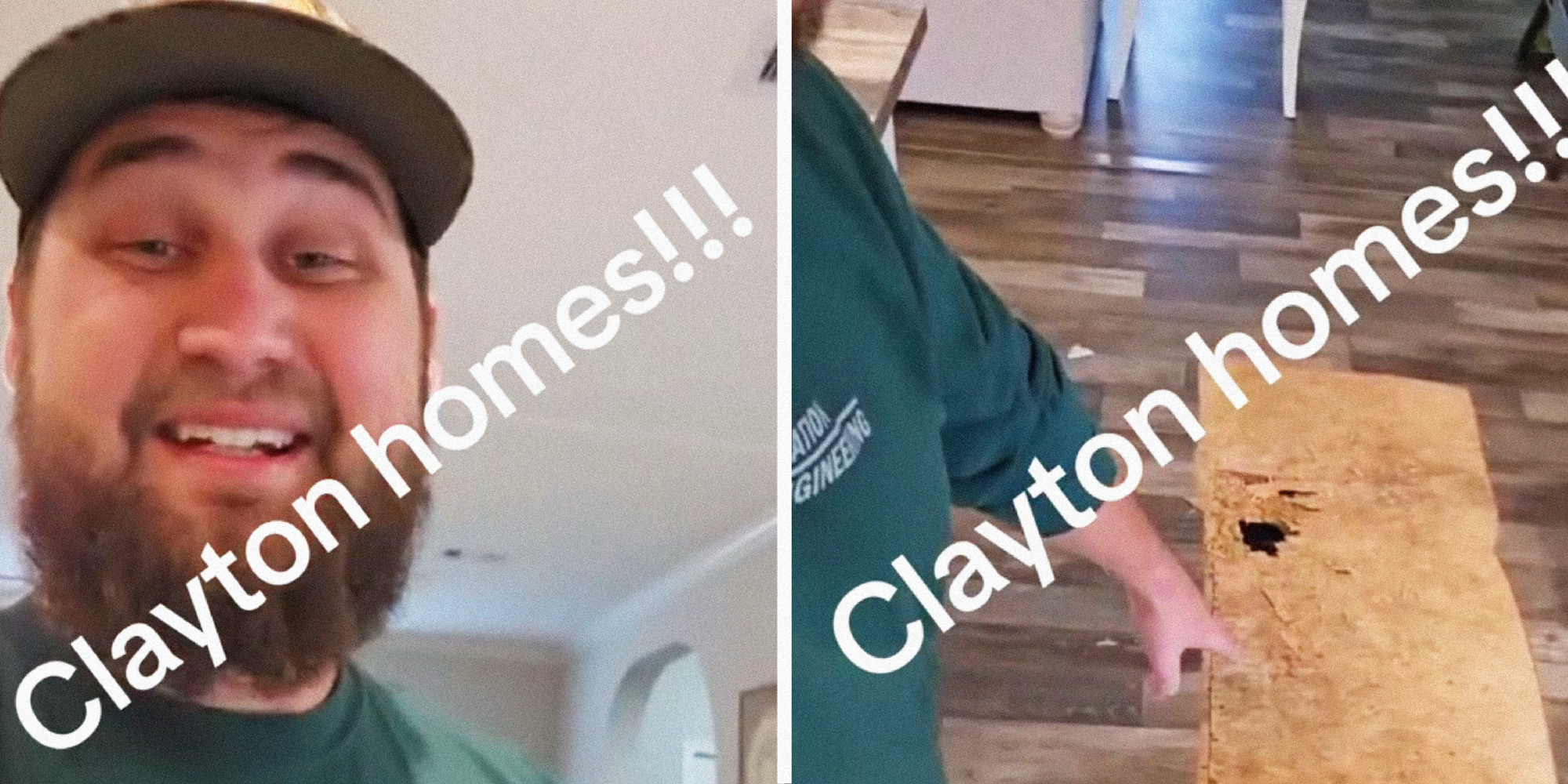 2 panel image: on one side a person explains on the other they point at a boarded up hole in the floor.