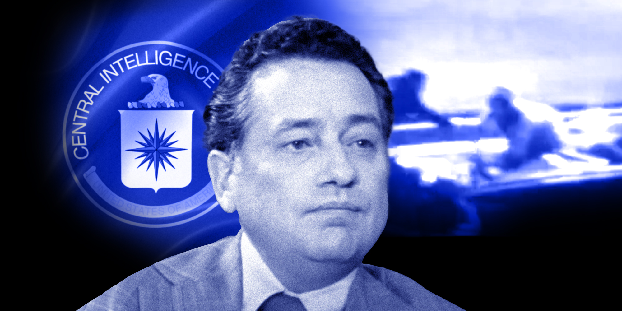 Photo collage image of Clint Hill in the 60 Minutes interview, the CIA seal, and a scene from the JFK assassination film.