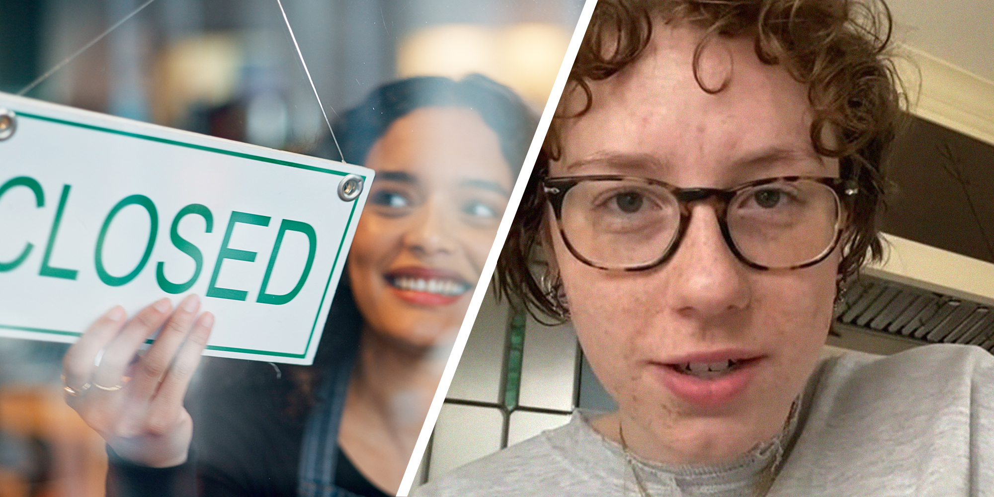 woman flipping closed sign for store(l) Person explains why you shouldn't go into a store last minute