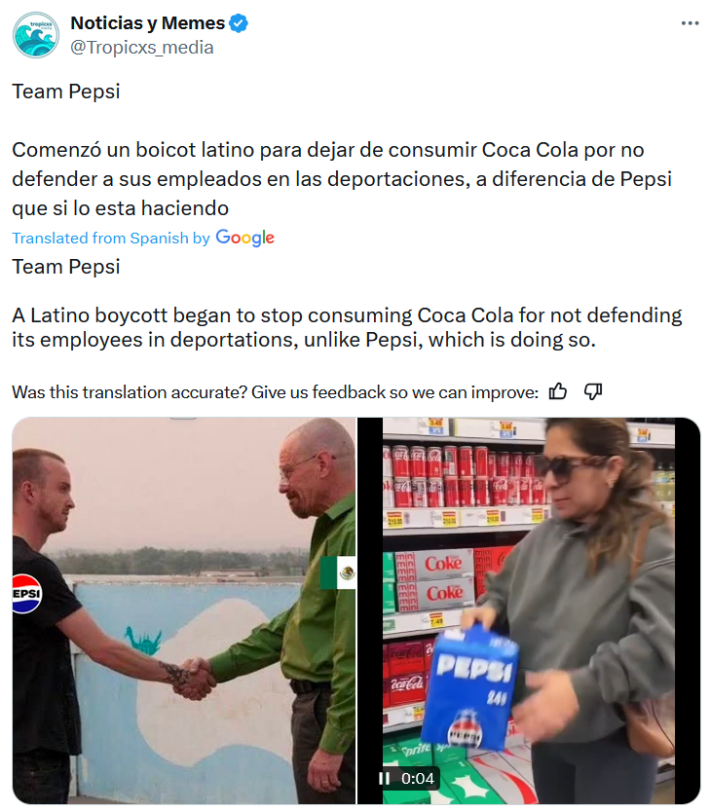 Team Pepsi Tweet with a Breaking Bad meme and a video of a woman buying Pepsi reading "A Latino boycott began to stop consuming Coca Cola for not defending its employees in deportations, unlike Pepsi, which is doing so."
