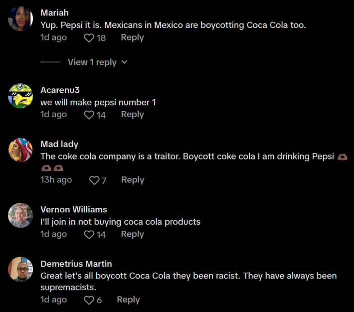 TikTok comments about the 2025 Coke boycott.
