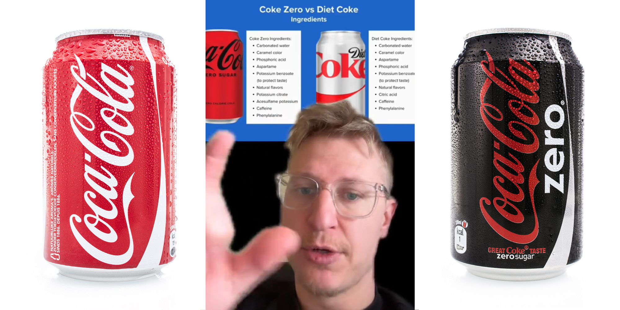 3 panel image: on the left is Coca-Cola classic, on the right is Coke Zero, and in the middle a person explains.