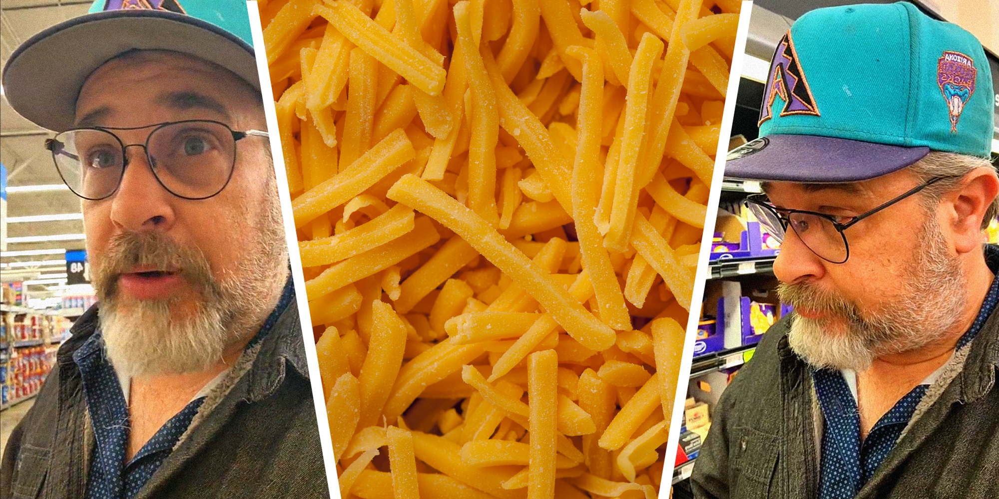 3 panel image: on the sides a person complains, and in the middle is a pile of shredded cheese.