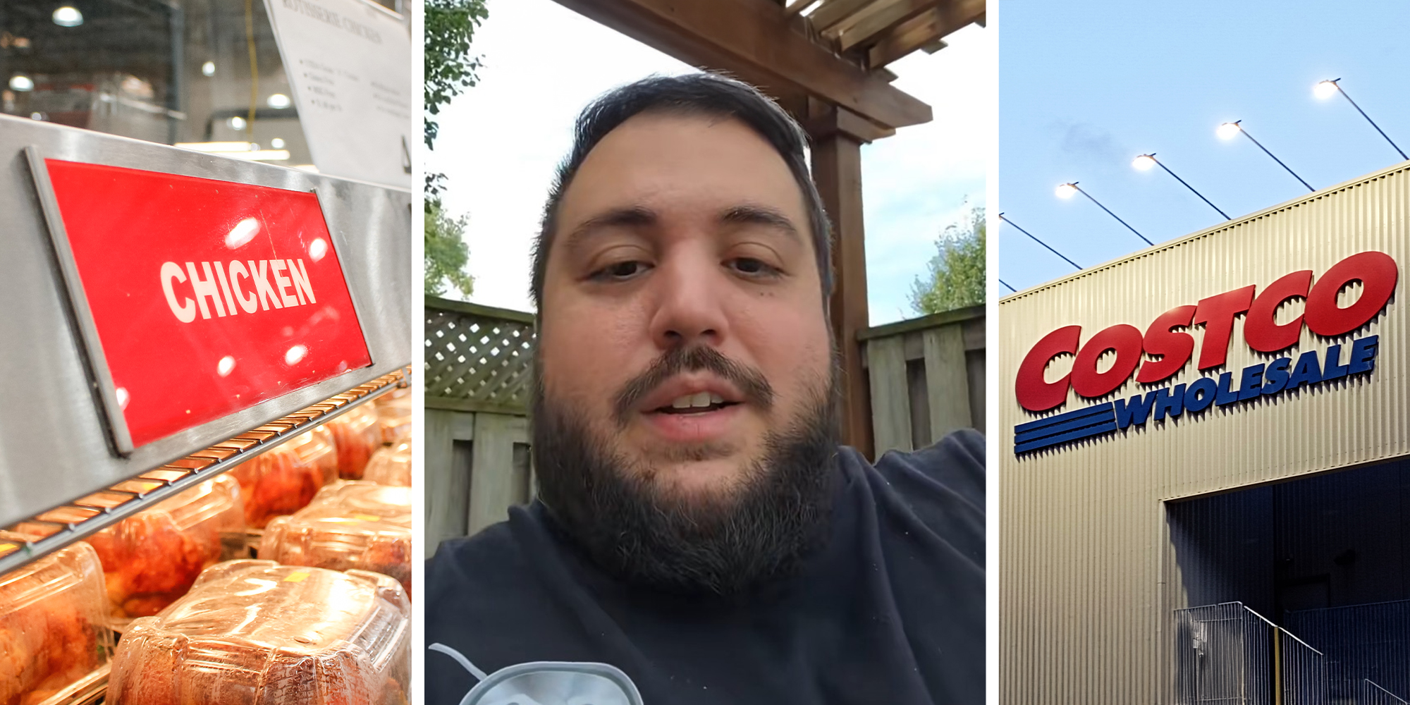 Costco Chicken(l) Man shares what he found out about costco chicken prices(c) Costco Wholesale Building Sign(r)