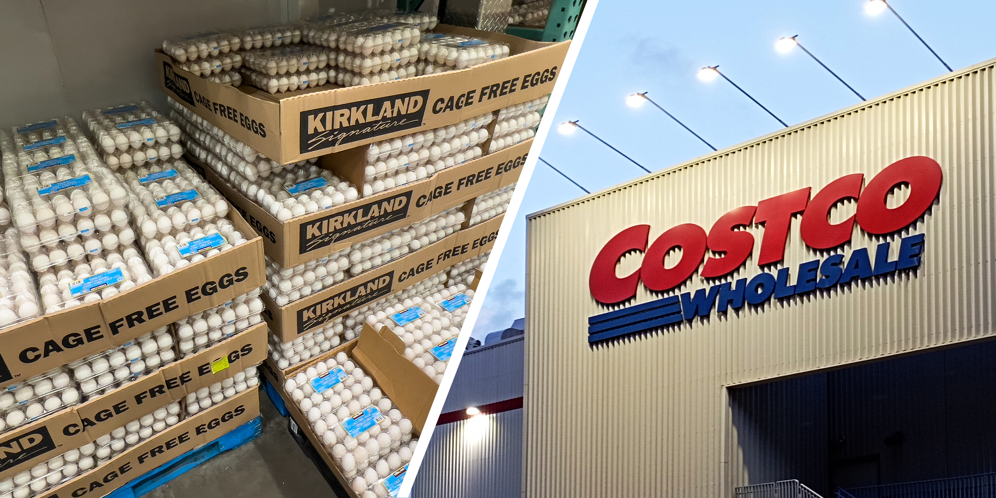 Kirkland eggs stocked up(l) Costco Wholesale sign on building(r)