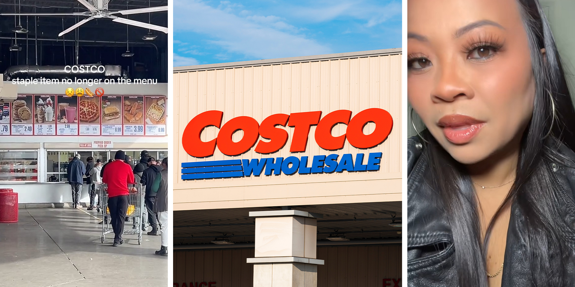 costco food court(l) Costco building sign(c) Woman shares missing item at costco(r)