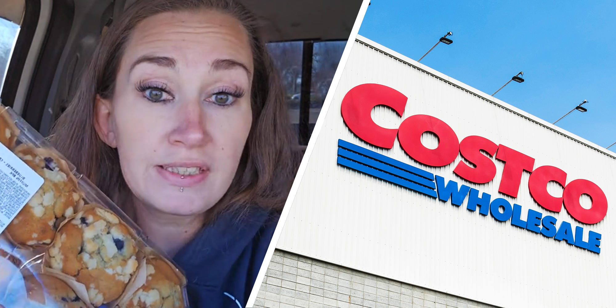 Woman talking with muffins(l), Costco(r)