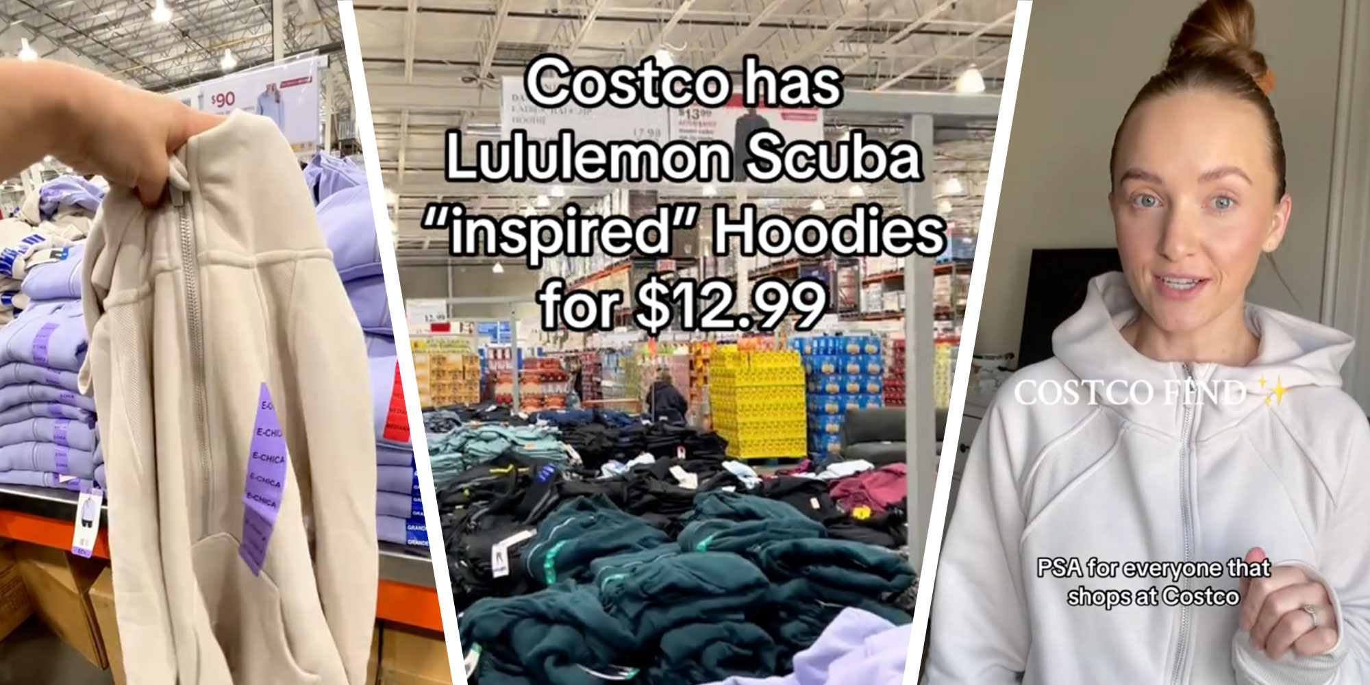 Screenshot of Tiktok user @lasradecostco holding up a Costco hoodie; Screenshot from @formerfatgirlonabike's Tiktok of a Costco showroom with the caption "Costco has Lululemon Scuba 'inspired' Hoodies for $12.99"; Screenshot of Tiktok user @carliejimenez2 with the captions "COSTCO FIND"; "PSA for everyone that shops at Costco".