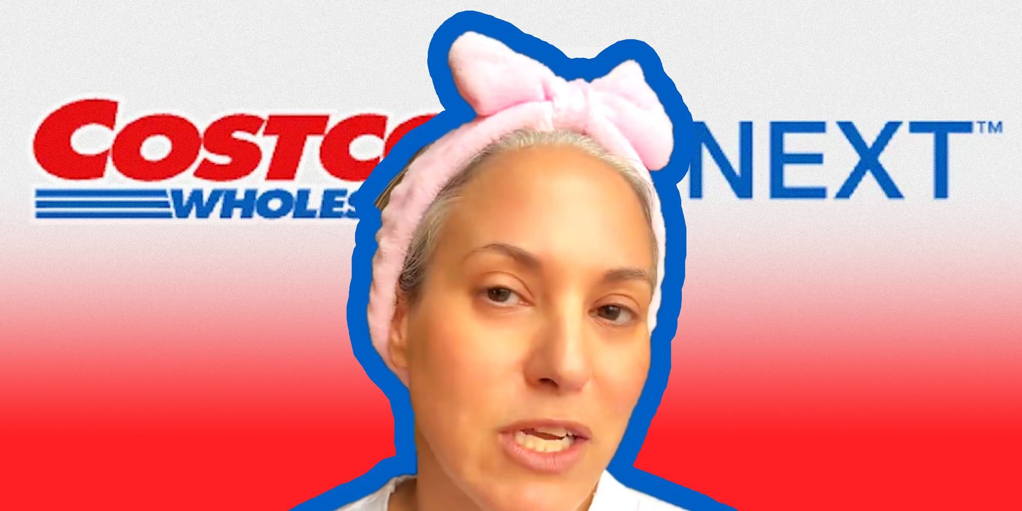A Costco customer speaks in front of the Costco Next logo.