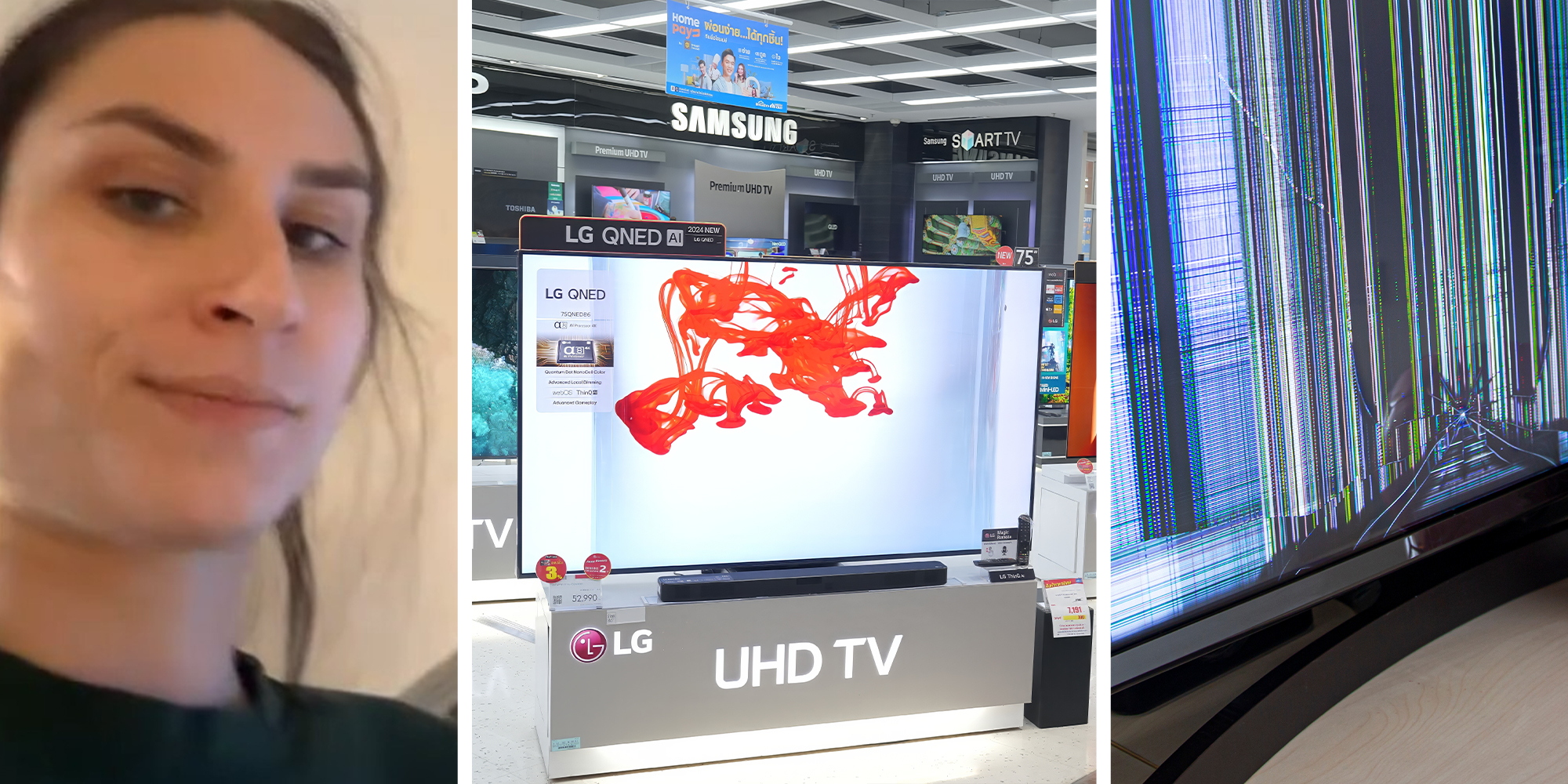 Woman shares trick to fix broken tv(l) Brand new lg tv on display(c) Broken Tv Screen(r)