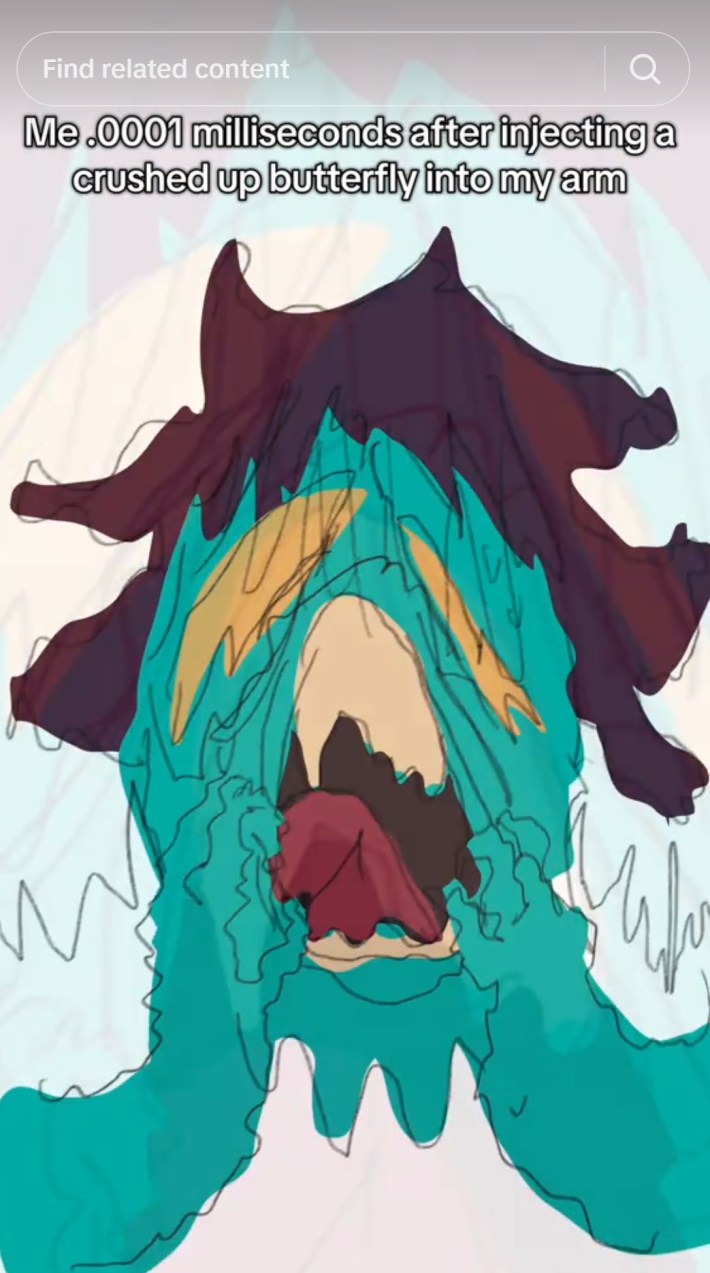 me .0001 milliseconds ater injecting crushed butterfly into my arm tiktok