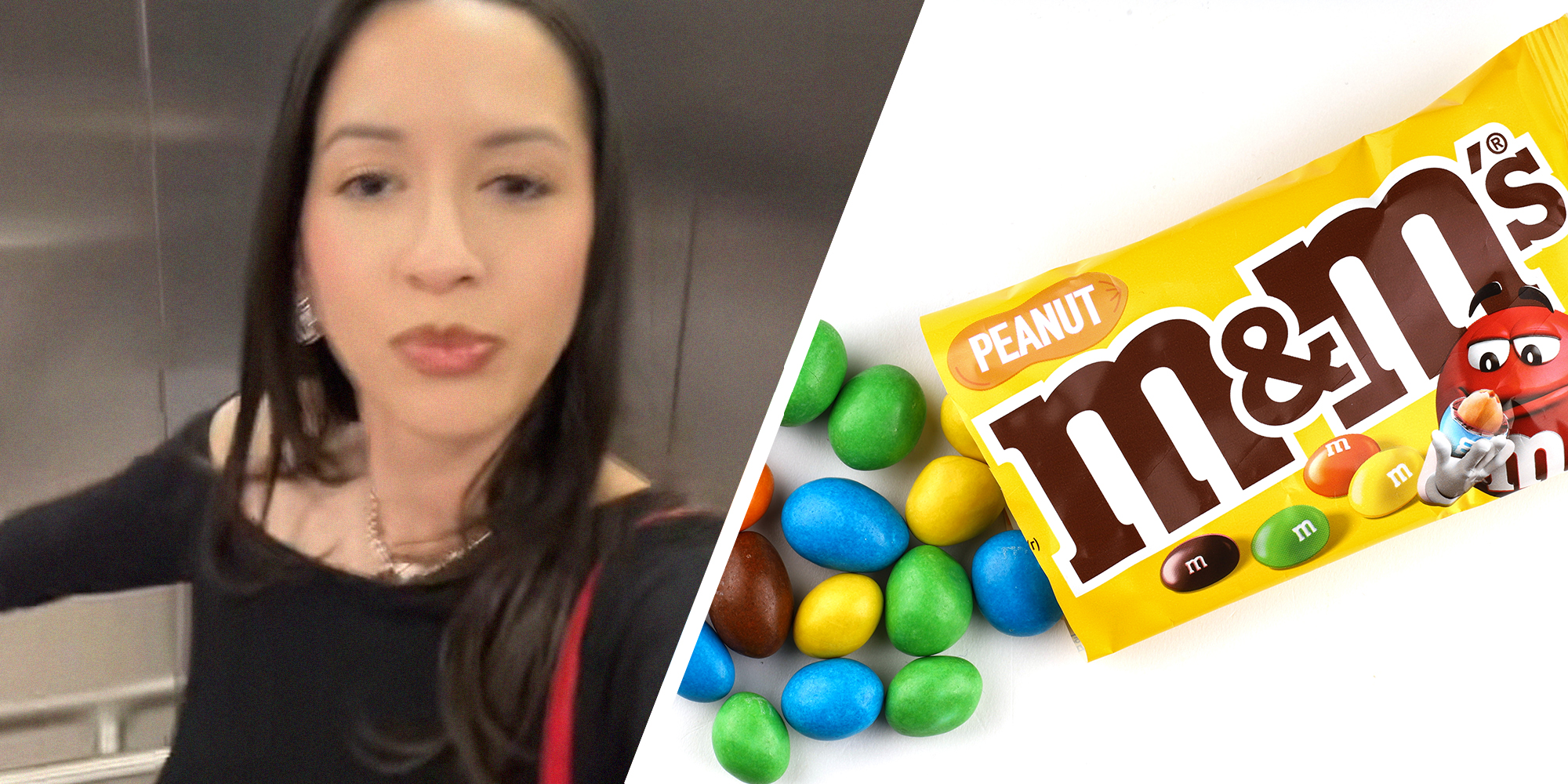 woman shares what she ordered from M&M(l) M&Ms pills poured out of the package white background(r)