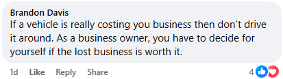 Response to Cybertruck owner's complaint about losing business because of his car. Text reads, "If a vehicle is really costing you business then don’t drive it around. As a business owner, you have to decide for yourself if the lost business is worth it."
