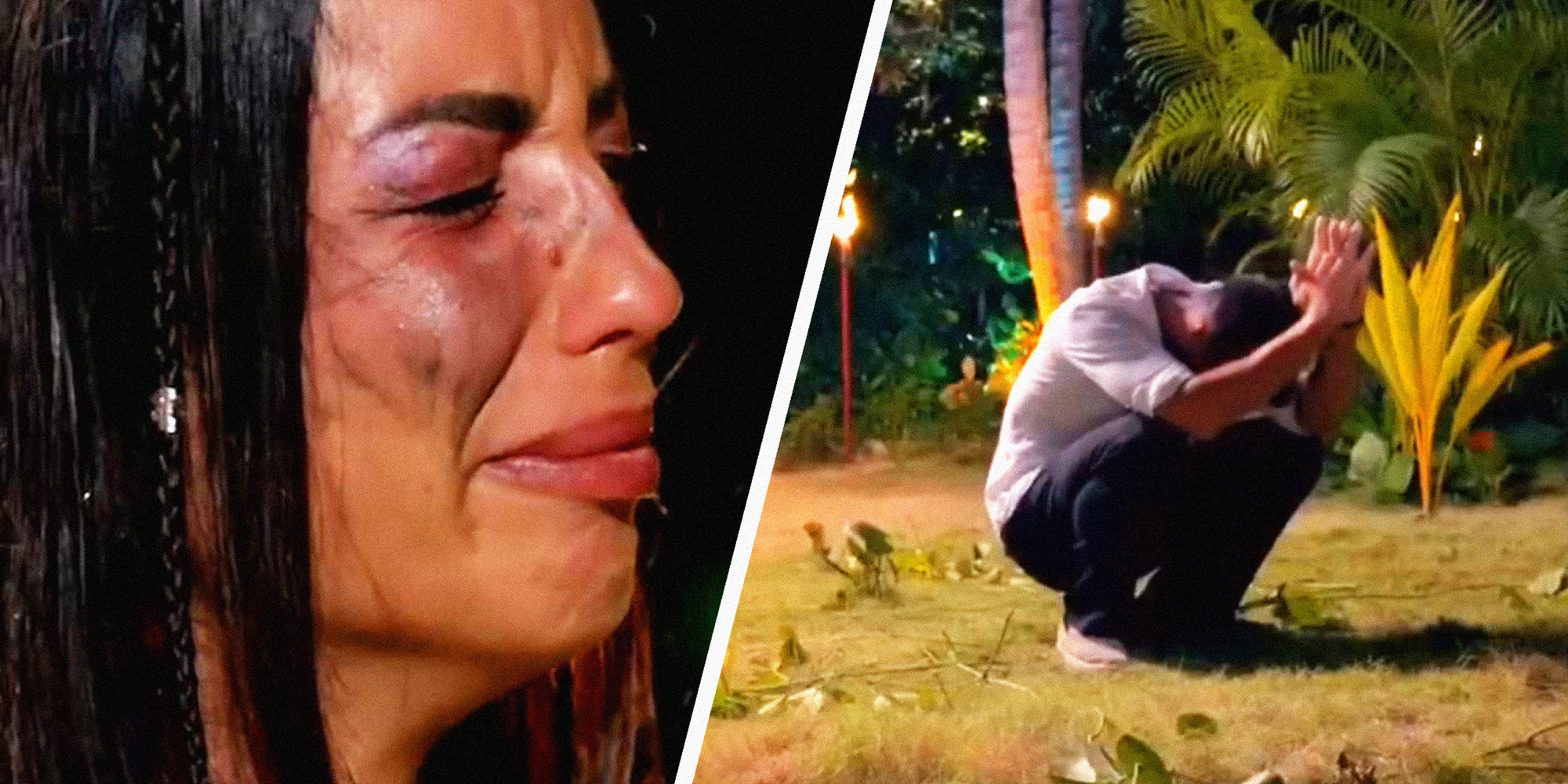 2 panel image: both scenes from a reality TV show, on the left a person cries and on the right another person squats down in a praying position.
