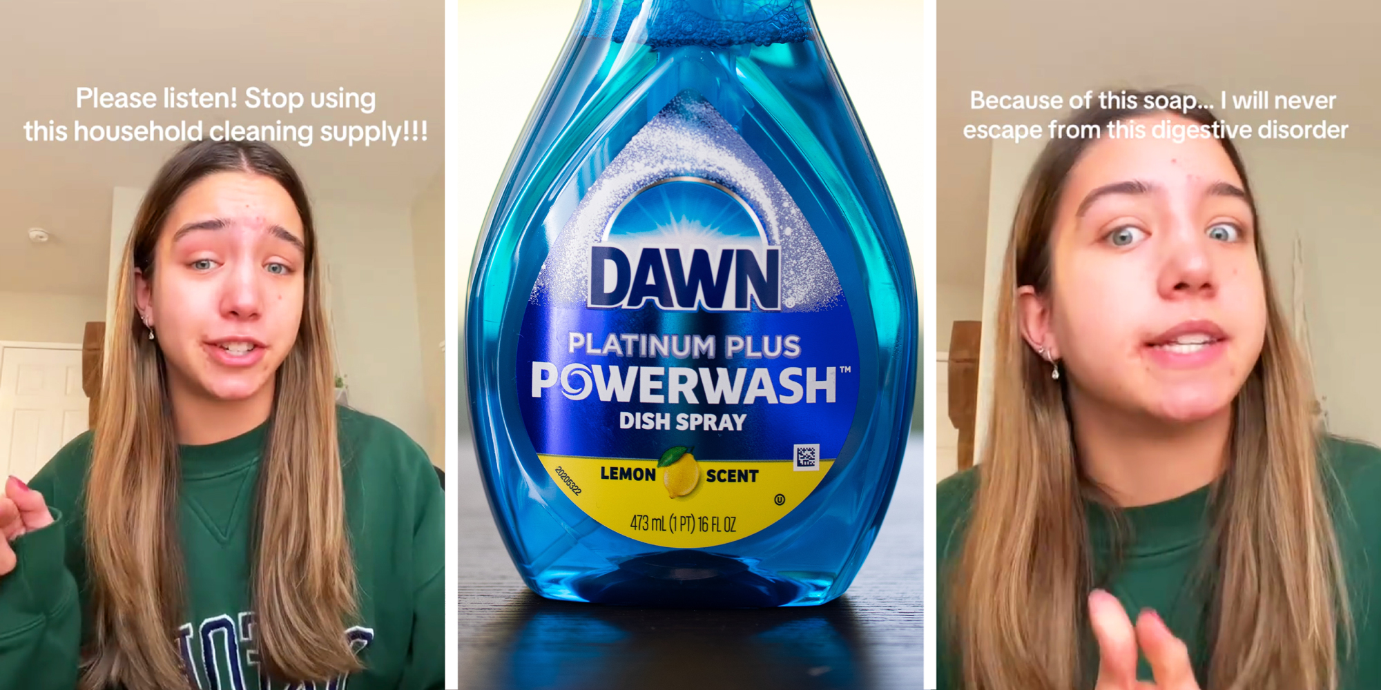 3 panel image: on the sides a person explains and in the middle is a bottle of Dawn Powerwash detergent.
