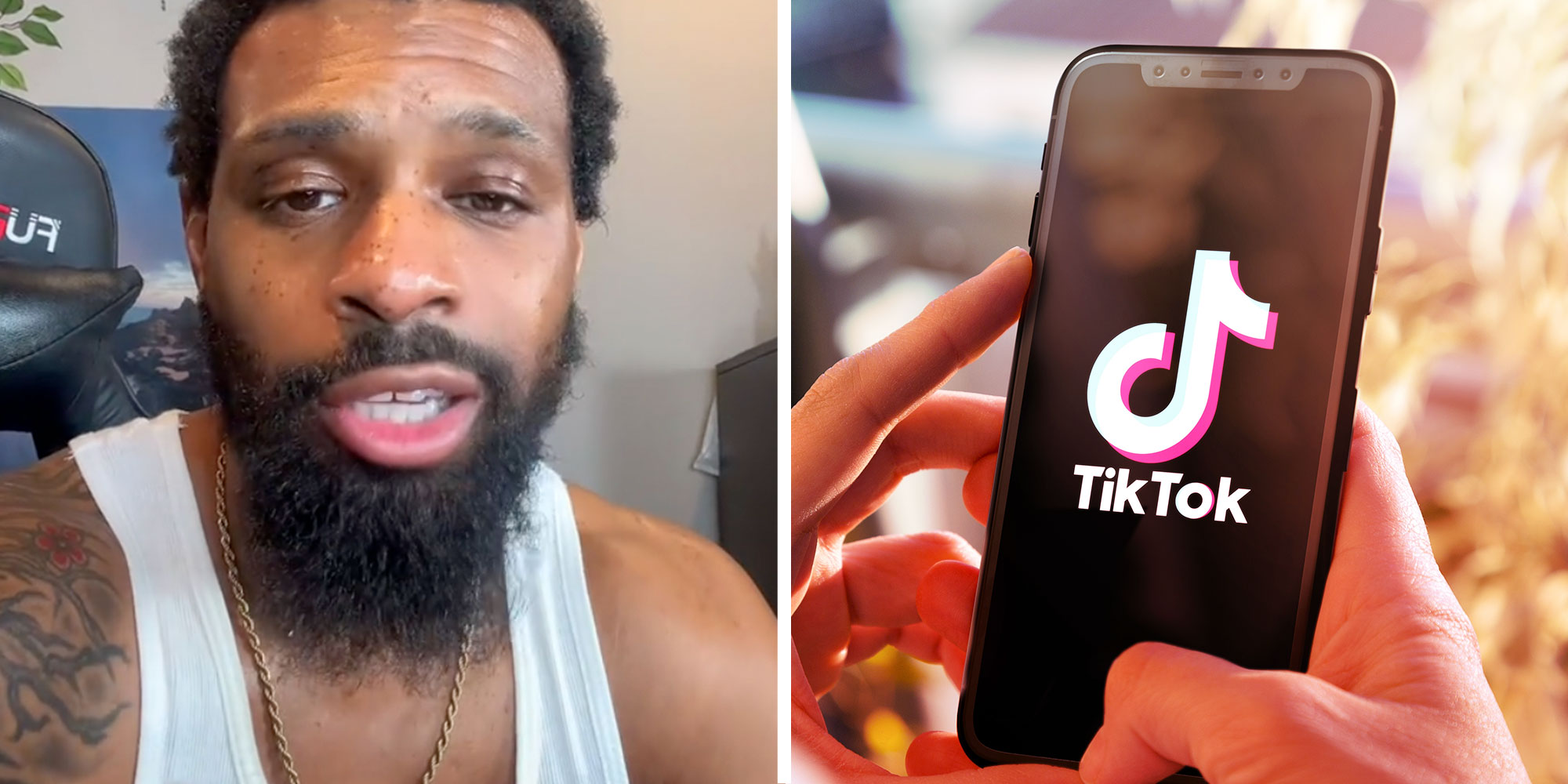 Tiktok user @jameen_od next to a photo of hands holding a phone with the Tiktok logo.