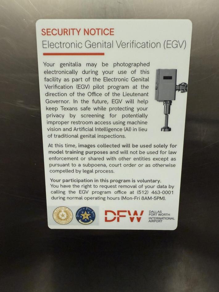 Security notice on a restroom stall door warning of an "Electronic Genital Verification (EGV)" program.