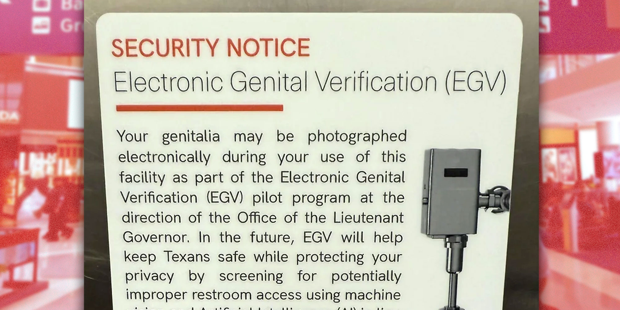 A fake sign that reads "Security Notice, Electronic Genital Verification (EGV)".