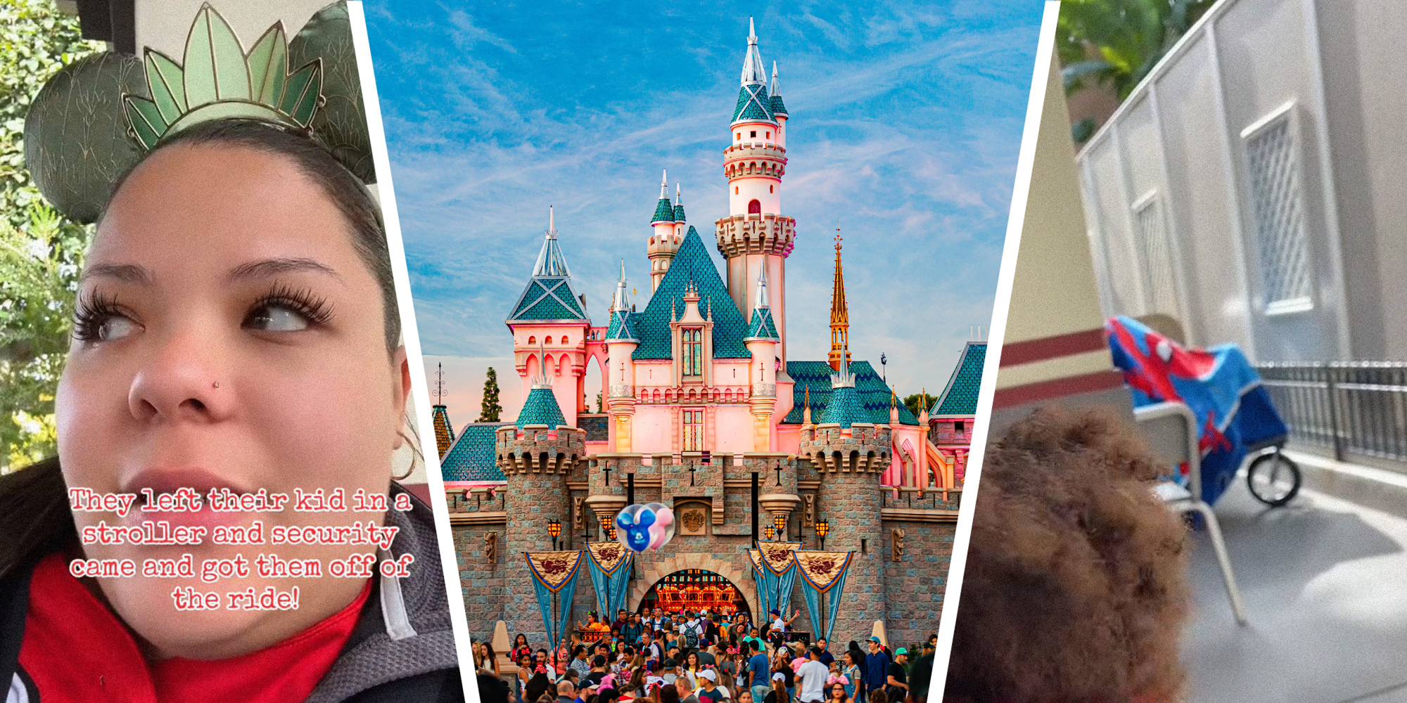 3 panel image: on the left a person explains, in the middle is Sleeping Beauty's Castle at Disneyland, and on the right is a baby stroller covered in a blanket.