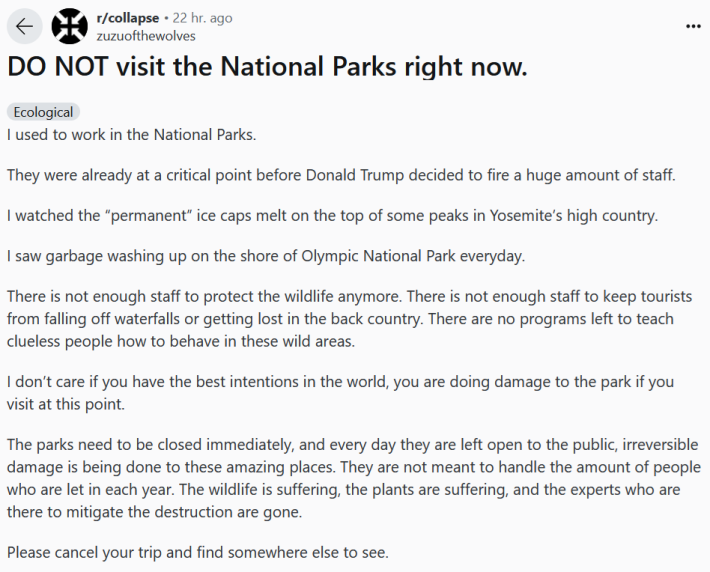 Reddit post titled "DO NOT visit the National Parks right now."