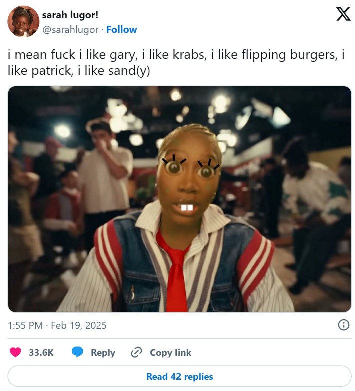 tweet that reads "i mean fuck i like gary, i like krabs, i like flipping burgers, i like patrick, i like sand(y)"