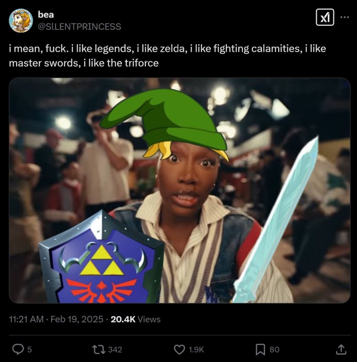tweet that reads "i mean, fuck. i like legends, i like zelda, i like fighting calamities, i like master swords, i like the triforce"