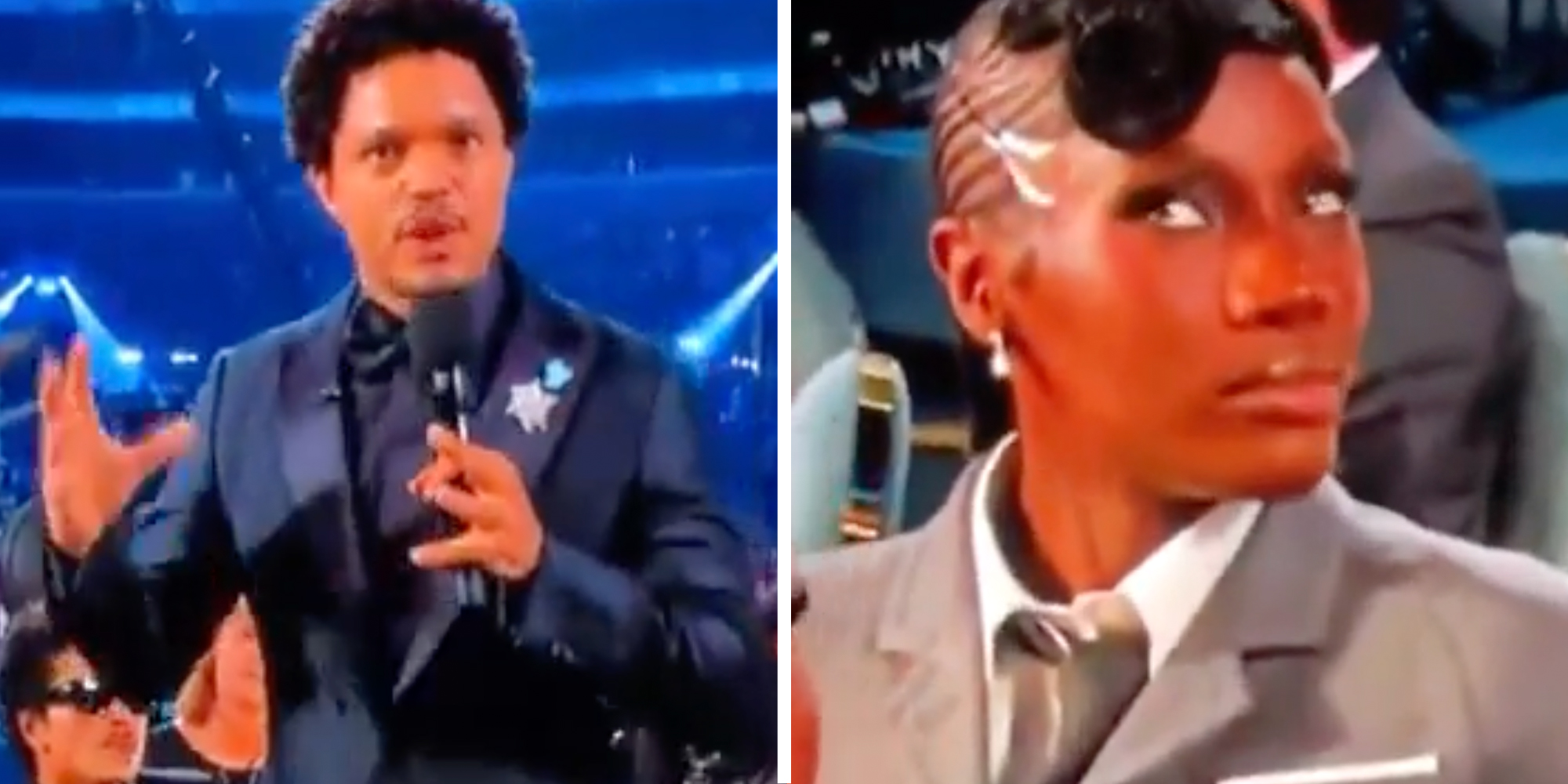 Trevor Noah talking into mic(l), Coechii rolling eyes(r)
