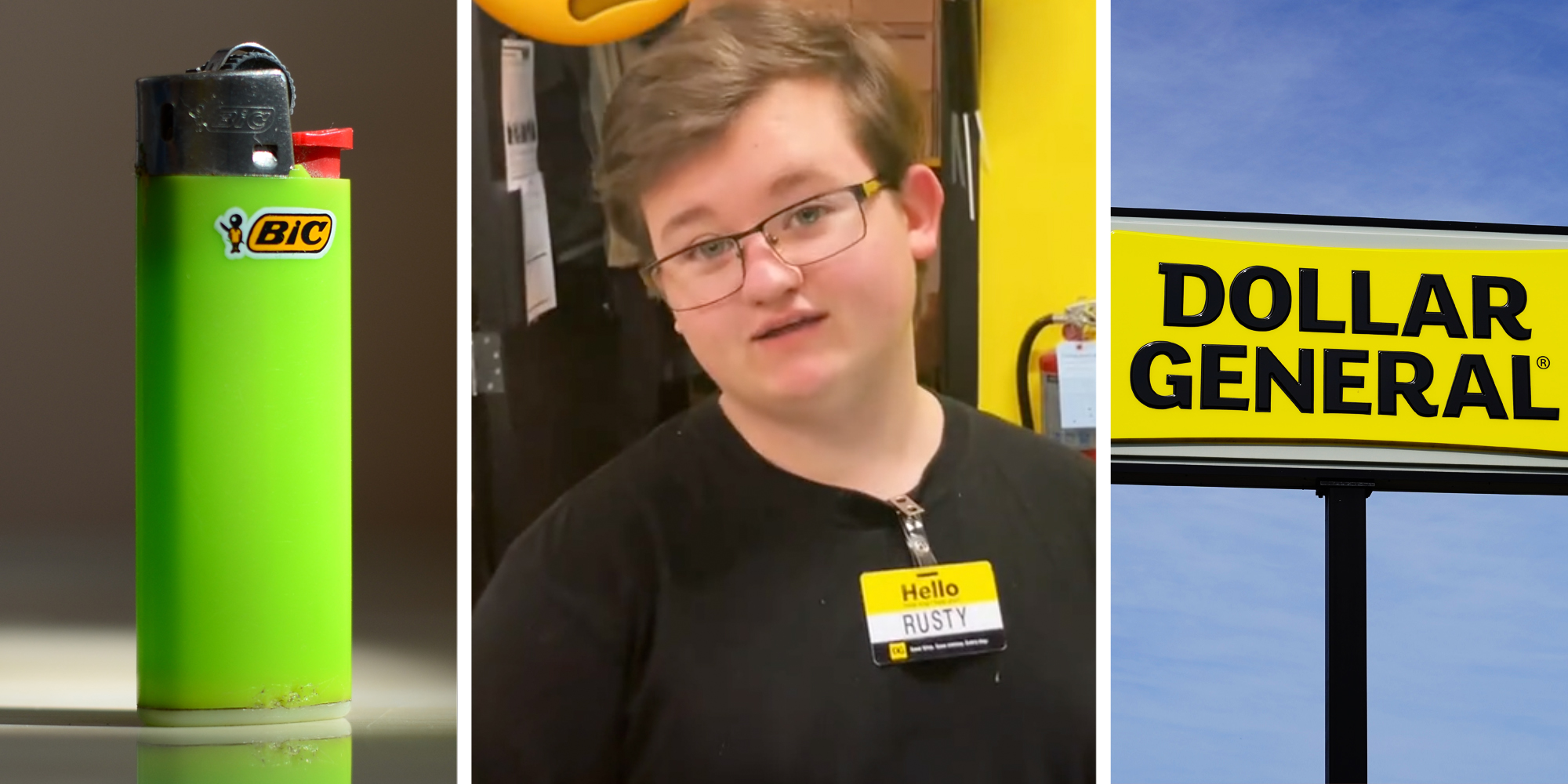 Bic Lighter(l), Person talking(c), Dollar General sign(r)