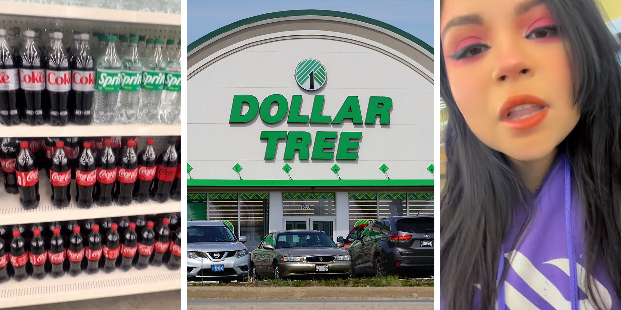CocaCola on shelves(l) Dollar Tree Store (c) Woman shares what she saw at dollar tree store(r)