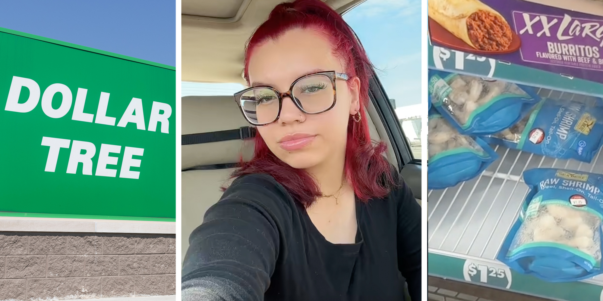 Dollar Tree sign(l), Woman talking(c), Frozen shrimp(r)