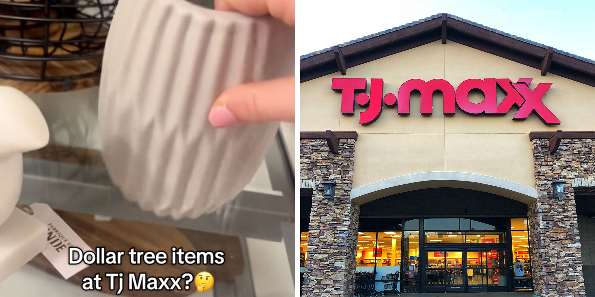 Screenshot of @krista144's Tiktok with the caption "Dollar tree items at Tj Maxx?"; Photo of a TJ Maxx exterior